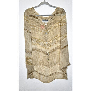 Vintage Lili Crepon Womens Top Plus 1 Tan Floral Sheer Button Up Blouse Shirt